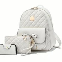Tas Ransel Kulit PU Berlapis 3in1 Set Tas Sekolah untuk Remaja Perempuan Fashion Pita Daypack Tas Punggung Travel Dengan Dompet Clutch