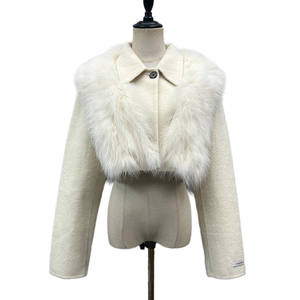 Chaqueta de Lana Corta para <span class=keywords><strong>Mujer</strong></span>, con Ribete de Piel de Zorro Extraíble, Abrigo de Lana para <span class=keywords><strong>Mujer</strong></span> - Product Image 1