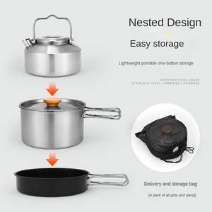 Ensemble de cuisine de camping en plein air portable en acier inoxydable 304 ustensiles de cuisine trois pièces poêle à frire et bouilloire antiadhésives pour les campeurs - Product Image 3