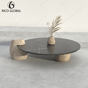 Modern Stone Coffee <b>Table</b> Round Center <b>Table</b> Indoor <b>Outdoor</b> Living Room <b>Side</b> <b>Table</b> Black Marble - Product Image 3