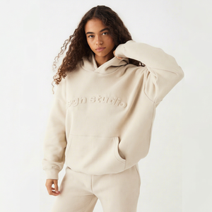 Sweat-shirt à capuche oversize en molleton crème pour femme, manches longues, poche kangourou, style streetwear décontracté - Product Image 1