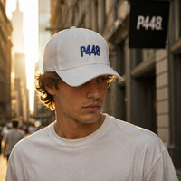 Casquette de baseball unisexe de luxe en sergé blanc avec lettres brodées en relief 3D personnalisées, logo P448, 6 panneaux structurés, style Dad Hat, ajustable