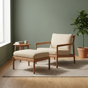 Solid Teak Wood Outdoor Lounge Chair with Matching Ottoman Cushioned Patio Armchair <b>Set</b> - Product Image 3