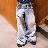 Pantalon en jean décontracté ample pour homme avec logo personnalisé, taille plus, motif quadrillé d'été, patchwork, double taille, jean délavé à l'acide