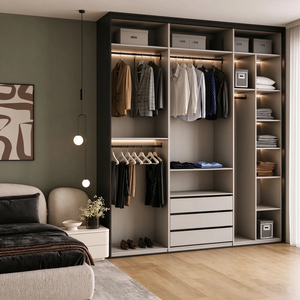 Asequible armario moderno de madera, sistema abierto walk-in con barras largas/cortas, cajones y hueco para zapatos - Product Image 3