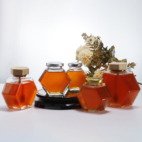 Pot à miel hexagonal en verre transparent de luxe, capacité 100ml 380ml, avec couvercle épais, bouteille plate vide pour emballage de diffuseur