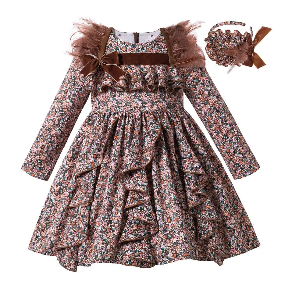 2023 OEM pettigirl thiết kế mới màu nâu hoa mùa đông bé gái dài tay áo cổ điển ăn mặc cô gái mùa thu Dresses bán buôn