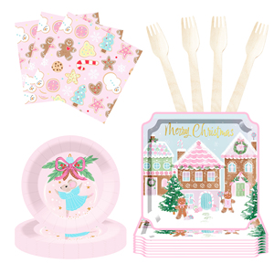DAMAI Christmas Party Supplies Pink Gingerbread Party Decorations Gingerbread House Cookie Christmas Disposable Tableware Set - Product Image 4
