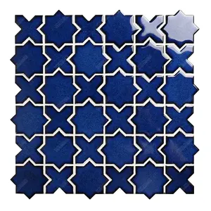 Foshan Mozaik-mosaico de cerámica azul marino para cocina, azulejo de mosaico de fábrica Euro Star Cross, brillante, contra salpicaduras, pared de ducha de baño