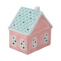 Maison de pain d'épices en céramique rose personnalisée en usine, avec LED, peinte à la main, trou de ventilation creux, style unique, décoration de Noël pour la maison, OEM ODM