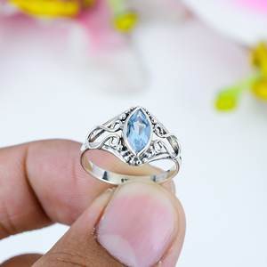 แหวนตั้งขอบบุษราคัมสีเงินสเตอริง925ตัดรูปกระโจมสีฟ้าเครื่องประดับที่ดีสำหรับงานแต่งงานงานเลี้ยงวัยรุ่นสไตล์มินิมอล - Product Image 2