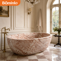 Baignoire ovale autoportante en marbre rose saumon, pierre veinée naturelle sculptée à la main, unique pour villas, spas et centres de villégiature tropicaux