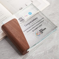 Placa de Trofeo de Cristal Personalizada con Madera de Haya, Logotipo Grabado con Láser, Trofeo de Cristal Transparente para Reconocimiento de Empleados Corporativos