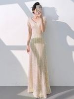 Robe de soirée longue couleur bonbon, ornée de perles et de paillettes, coupe trapèze, avec col à nœud et taille naturelle, en organza de polyester, pour soirée