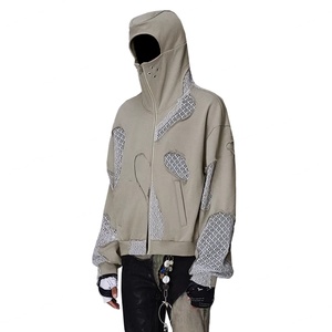 Veste unisexe pour homme en molleton 100% coton, coupe ample, avec fermeture éclair personnalisée, effet vieilli, bords bruts et patchwork en tissu mesh - Product Image 3