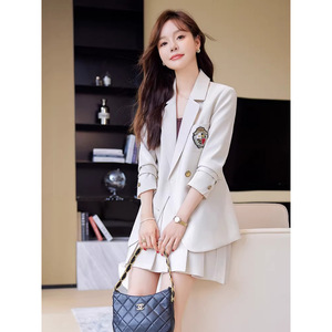 Women's Suit Set White Double Breasted Blazer Pleated Skirt Two Piece Spring Autumn Casual Wear - Product Image 2