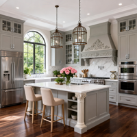 Ensemble d'armoires de cuisine de style américain de luxe en gris clair sur mesure, avec un grand îlot central et un plan de travail en quartz