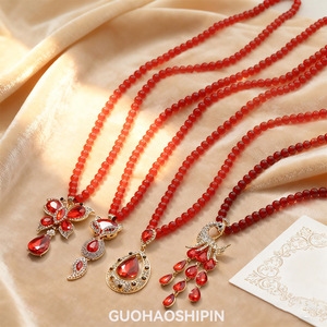 Retro Red Crystal Necklace Flower Pendant Zinc Alloy Party Jewelry Fashion Sweater Chain - Product Image 1
