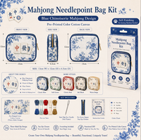 Kit de trousse de maquillage brodée au point de croix Chinoiserie bleue, à finition DIY, en toile de coton imprimée avec fermeture éclair sur trois côtés, pour débutant