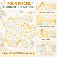 Ensemble layette bébé 5 pièces : body, bonnet, bavoir, moufles, motif personnalisé, doux, respirant, unisexe, bio, coffret cadeau, body bébé