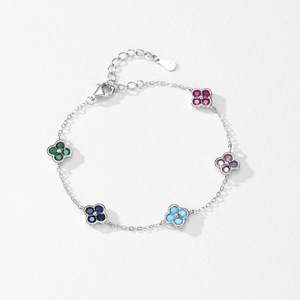 Pulsera de Cadena con Trébol de Cuatro Hojas y Flor de Color de la Suerte en Plata de Ley S925 para Mujer, Versión de Cobre Personalizable - Product Image 3