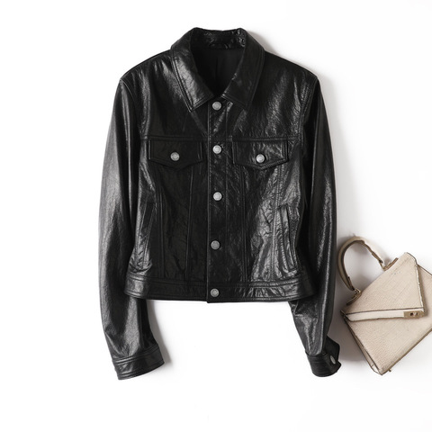 4255 Latest Design Solid Color Ladies Pocket Casual Short Slim Genuine Leather Coat for Woman