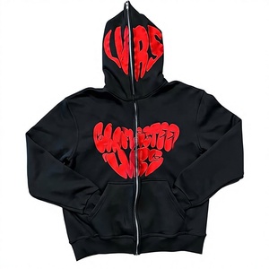 Sudadera con Capucha Personalizada de Alta Calidad con Estampado Gráfico, Cierre de Cremallera, Estilo Urbano para Hombre, Color Negro y Rojo, Tejido de Algodón, Corte Regular, Estilo Otoñal - Product Image 1
