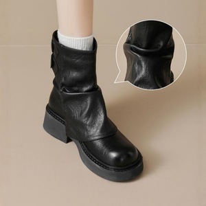 Bottes d'hiver courtes plissées rétro pour femmes 2025, nouveau design à bout rond, talon épais, en cuir véritable respirant - Product Image 3