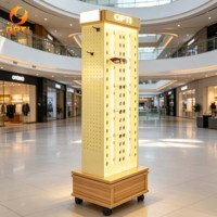 Présentoir rotatif lumineux à LED pour lunettes de soleil, sur pied 4 faces avec roulettes et base en bois, idéal pour centres commerciaux et magasins d'optique