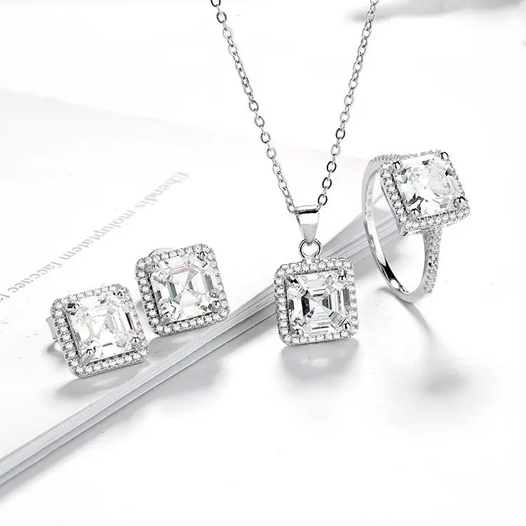 Custom High Quality Wedding Gift Jewelry Women Cubic Zirconia Pendant Square Micro Stud Ring Set Sterling Silver 925 Necklace