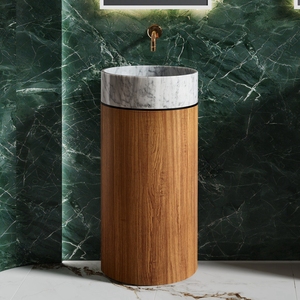 อ่างล้างหน้าแบบตั้งพื้นพร้อมฐานสแตนเลสลายไม้และอ่างหินอ่อนสีขาว - Product Image 1