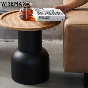 WISEMAX Retro style art home sofa edge a few solid wood rattan surface creative tea table head iron art small round table decor