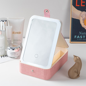 Cosmetic Storage <b>Box</b> With Mirror Led Light 14.5x21x5.5 Cm Leather Portable <b>Makeup</b> Organizer Beige Green Pink - Product Image 2