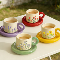 Tasse à café en porcelaine à motif de plantes vertes européennes avec poignée ronde, ensemble tasse et soucoupe en céramique personnalisé