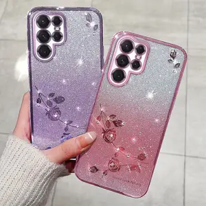 Fashion Lady Gradient Glitter Silicon Case For Samsung Galaxy S23 S22 Ultra S23 Plus S21 FE Note 20 Plated Rose Floral Soft Case