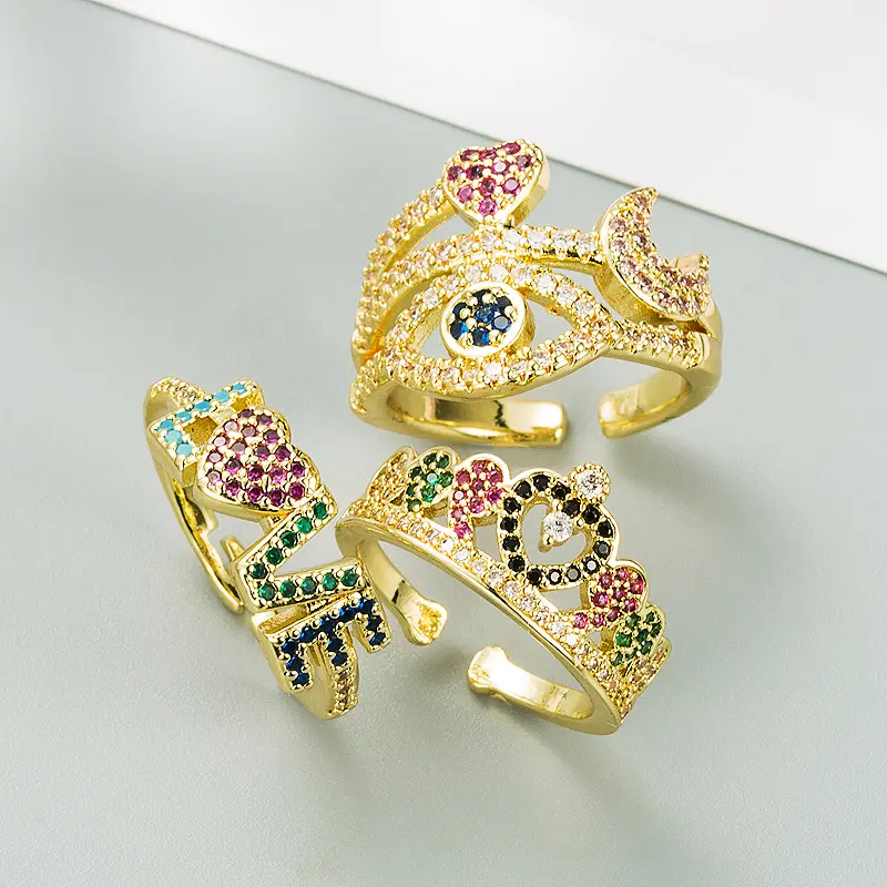 18k Gold Plated Fashion Exaggerated Devil Eye Zircon Wide Band Rainbow Rhinestone Love Letter Rings For Women