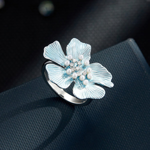 Blue Flower Open <b>Ring</b> <b>Adjustable</b> Index Finger <b>Ring</b> Pave Setting Party Jewelry - Product Image 1