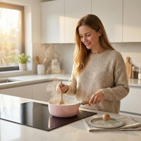 Casserole en acier au carbone 1,5 L rose avec poignée en bois, couvercle en verre, revêtement antiadhésif pour cuisinière à gaz et à induction