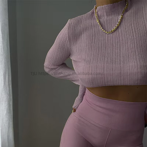 เสื้อยืดแขนยาวผ้าตาข่ายสีพื้นคอสูงทรงเข้ารูปสำหรับผู้หญิงแฟชั่น - Product Image 4