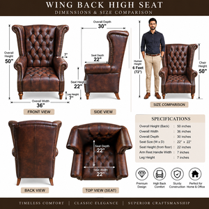 Elegant Genuine Leather Chesterfield Wingback <b>Chair</b> Minimalist High Back Design Luxury Accent Seating Villa Upholstered - Product Image 6