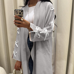 2024 grosir pakaian Linen Islami Cardigan Abaya terbuka dengan ikatan simpul pakaian wanita Abaya gaun Muslim wanita - Product Image 3