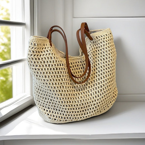 Sac fourre-tout de plage en coton tressé à la main grande capacité avec fermeture éclair, design évidé pour l'épaule, pour femme, style décontracté Tanjing - Product Image 3
