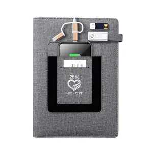 Cuaderno de cuero A5 personalizado con batería de 8000 mah y memoria flash de disco USB de 16G, color gris