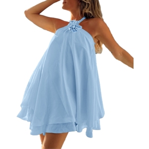 Nuevo Estilo de Verano, Vestido Mini sin Mangas con Cuello Halter y Volantes para Mujer, Color Sólido, Cintura Natural, Impresión Digital, Moda Ecológica - Product Image 1