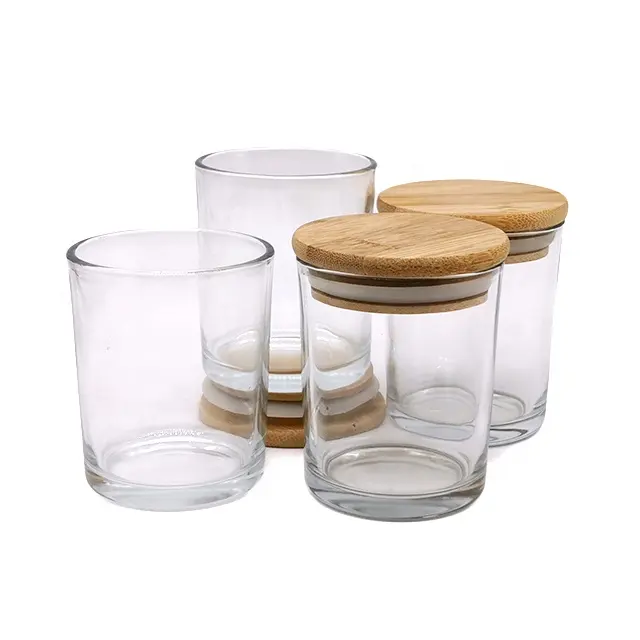 LKA03T 200Ml Pijler Vorm Transparant Clear Glas Kaars Tumbler Met Bamboe Deksel Voor Maken Geurkaarsen