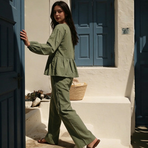 Women's Green <b>Linen</b> 2-Piece Set Long Sleeve O-Neck <b>Top</b> With Ruffles Loose Fit Wide Leg Pants Casual Spring Summer Outfit - Product Image 6