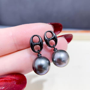 Accessoires en argent S925 pour la création de bijoux, perles rondes de 9 à 13 mm sur support 22070, noir et argent, boucles d'oreilles vides, clous d'oreille - Product Image 1