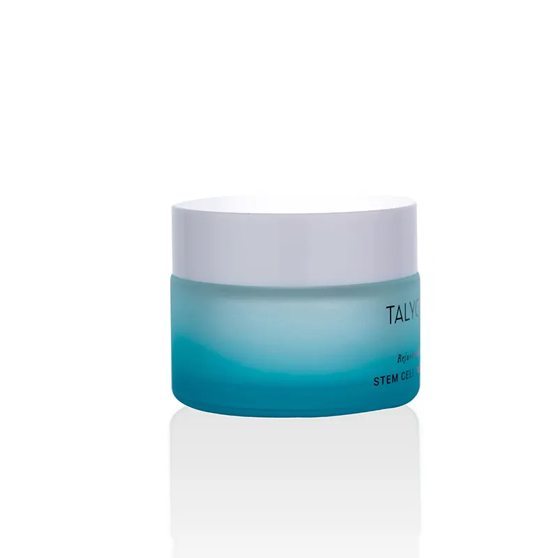 Paquete cosmético de moda de 15g, 30g, 50g, tarro de crema de vidrio redondo azul púrpura degradado con tapa blanca, tarro de crema facial o corporal