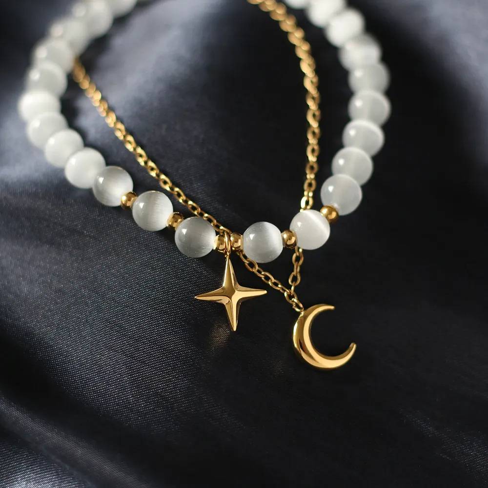 Vintage Elegant Fancy 18K Gold Plated Stainless Steel Opal Stone Moon Star Pendant Bracelet Jewelry Set