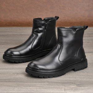 Bottes d'hiver chaudes en cuir véritable pour hommes, bout rond, doublure en fourrure, semelle en caoutchouc antidérapante - Product Image 1